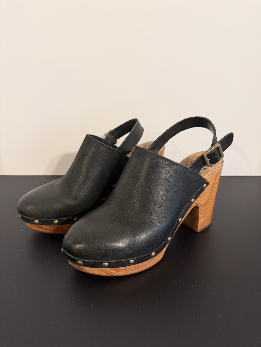 Kork-Ease Black Leather Slingback Clog Heels - Women's